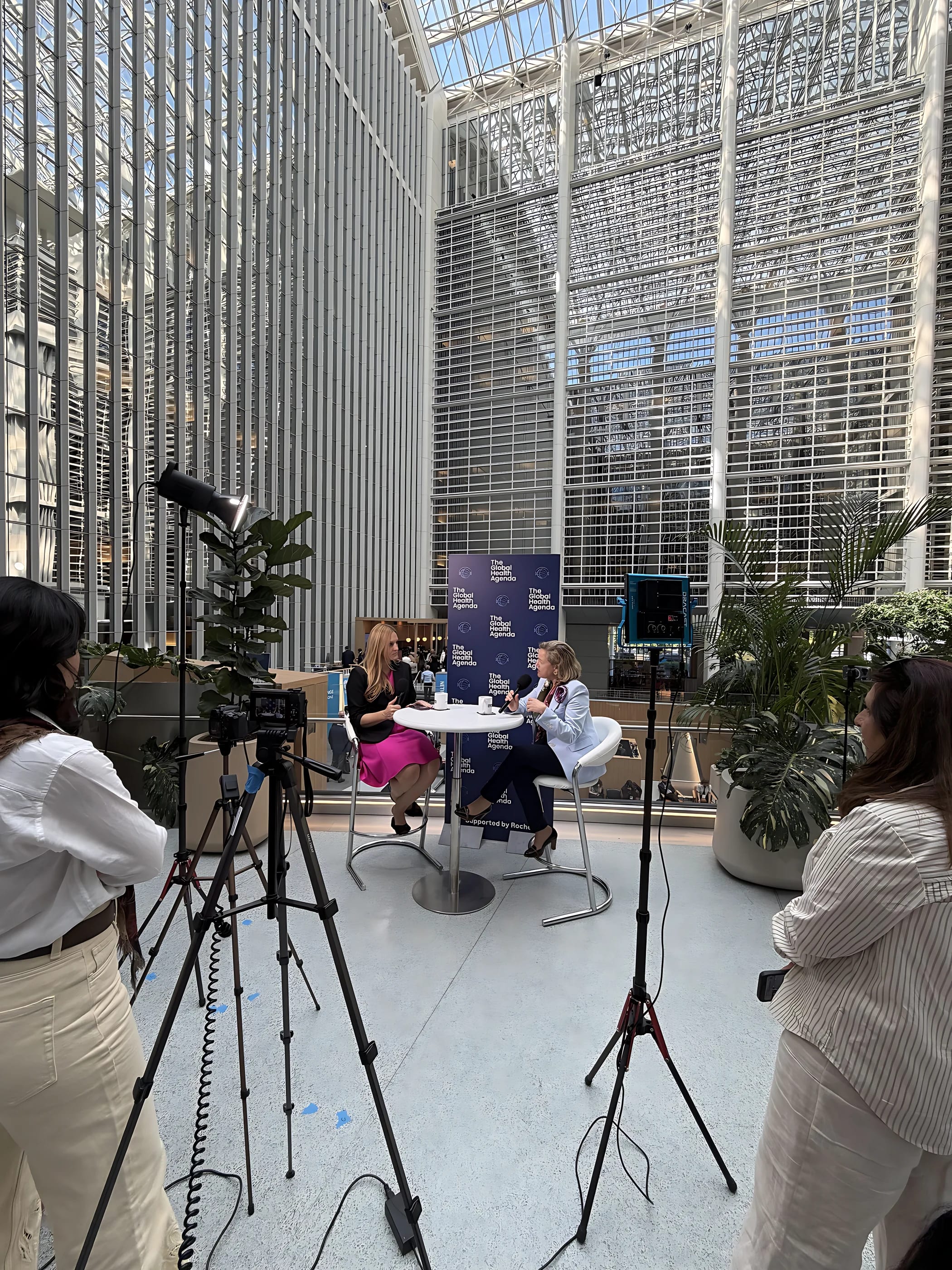 Recording with a client in the World Bank atrium in Washington